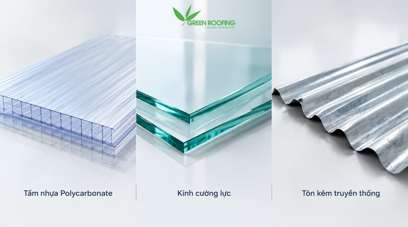So sánh Tấm nhựa polycarbonate,Kính cường lực, Tôn kẽm truyền thống