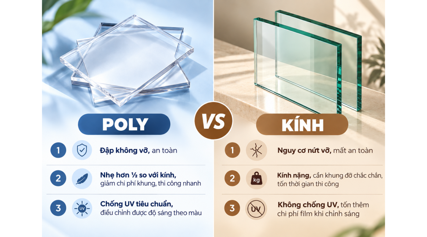 Nhẹ hơn kính 6–8 lần, thi công nhanh, chi phí nhân công thấp